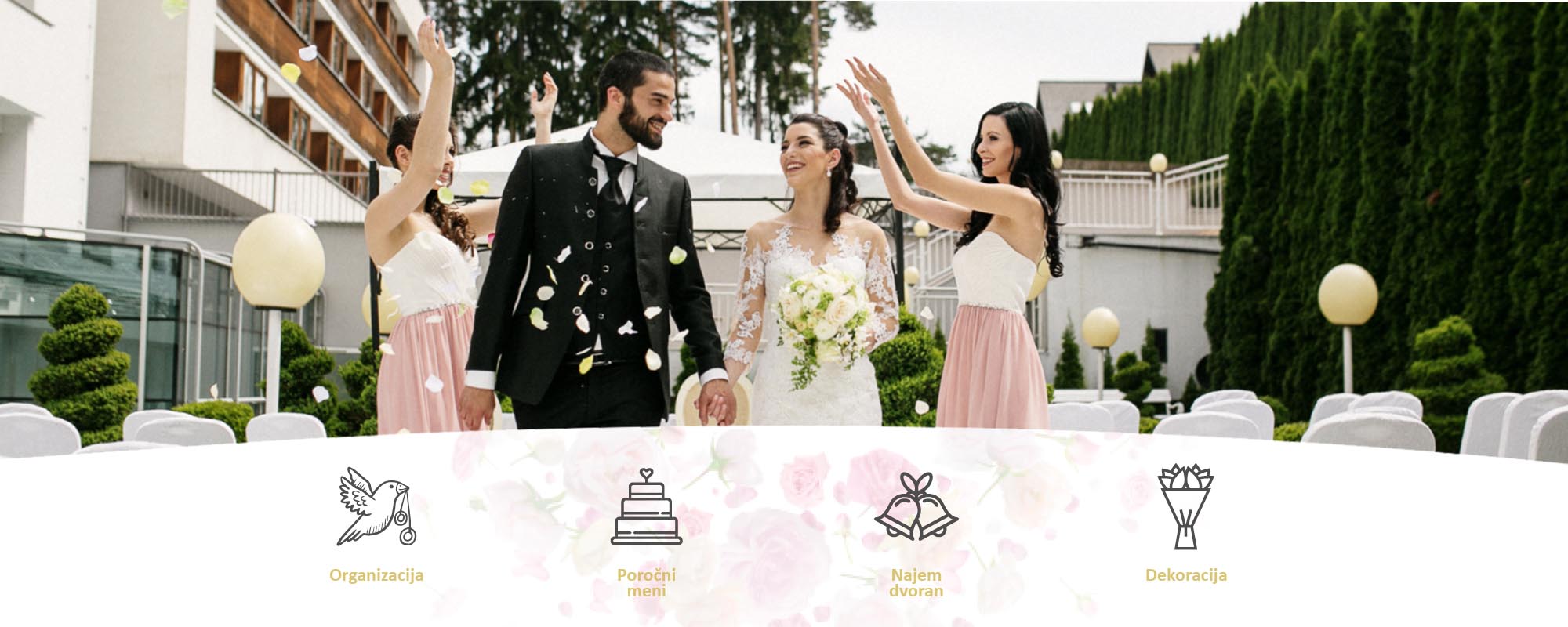 Na sliki so prikazane možnosti ponudbe poroke v hotelu Habakuk s prizorom s poroke v ozadju.
